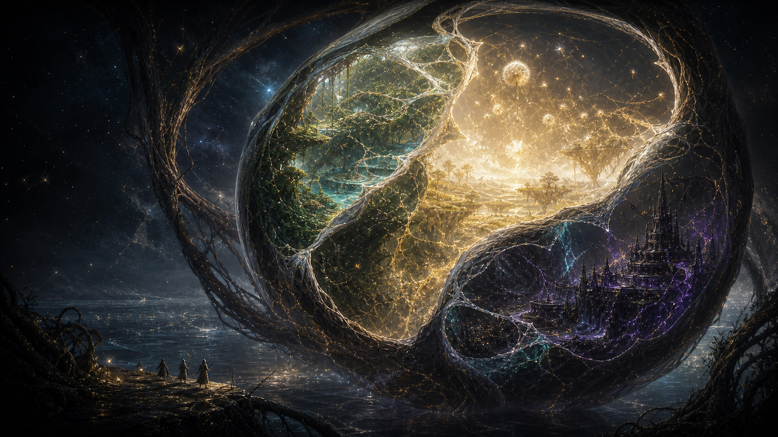 A colossal living world-seed in space, opened by dark root arcs to reveal green lagoons, golden stillness, and black city-veins inside.
