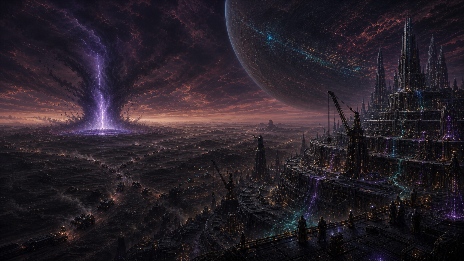 The Black Planet above the Tiered City, with black sand roads crossing toward a distant chaos singularity.