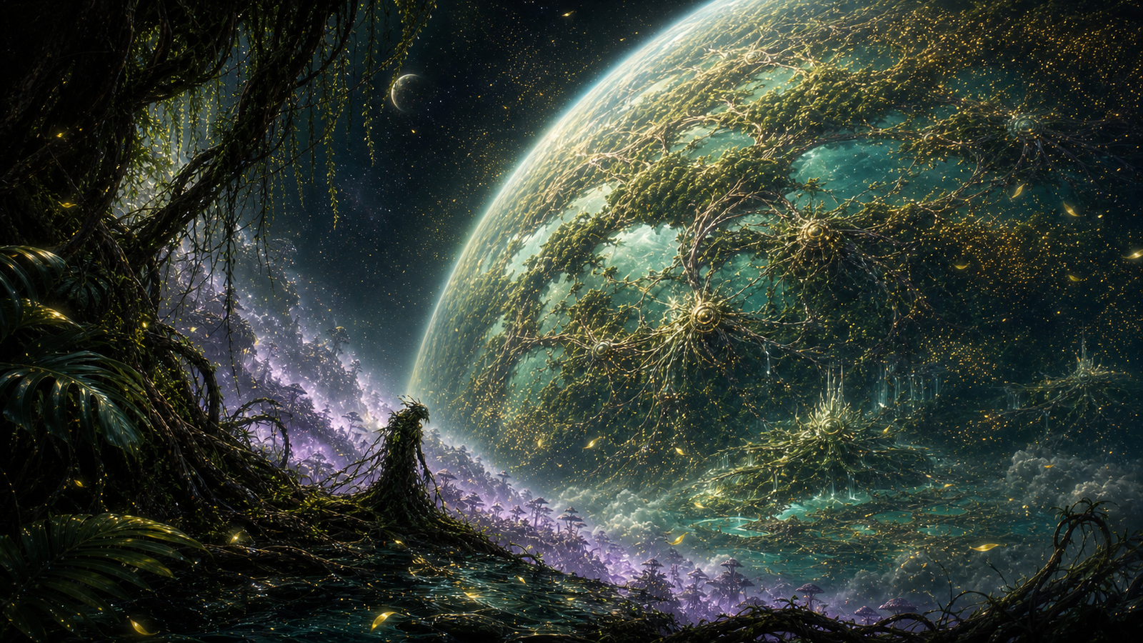 The Green Planet, enormous in space, with lagoon cells, rootlike continents, memory-leaf storms, and lavender fungal mist.