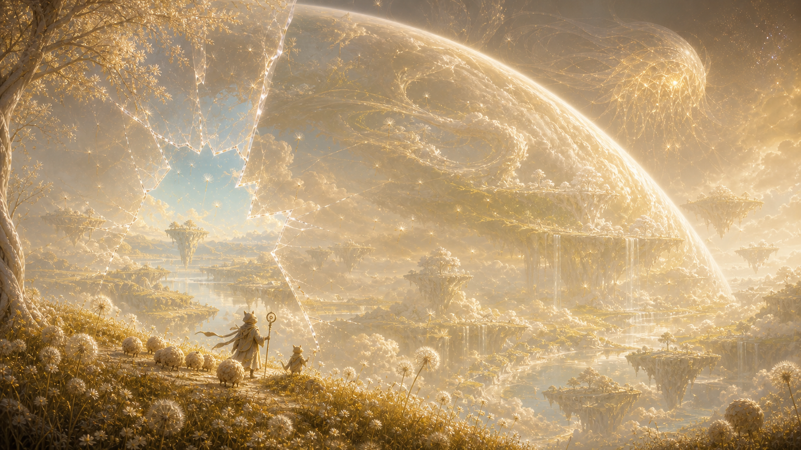 The White Planet in warm gold light, with dandelion fields, floating landmasses, mirror lakes, shepherds, and a cracked path through time.